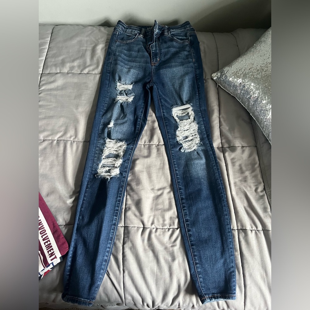 American Eagle Outfitters Blue Skinny Jeans with Distressed Details